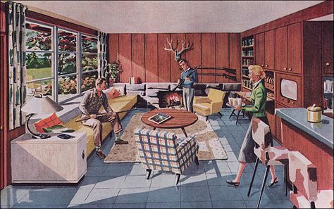 1951 Rec Room    This "rendevous-room" was designed by George Cooper for Malarkey Plywoods (which was responsible for the redwood walls). George Cooper, 50s Interior, Retro Homes, Retro Rooms, 60s Home, Casa Retro, 1950s House, Vintage Interior Design, House Vintage