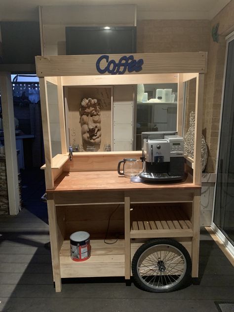 Wooden Food Cart Design, Coffee Stall Ideas, Gerobak Design Food Carts, Coffee Cart Ideas Business, Coffee Booth, Coffee Bar Cart, Mobile Coffee Cart, Coffee Bar Wedding, Coffee Food Truck