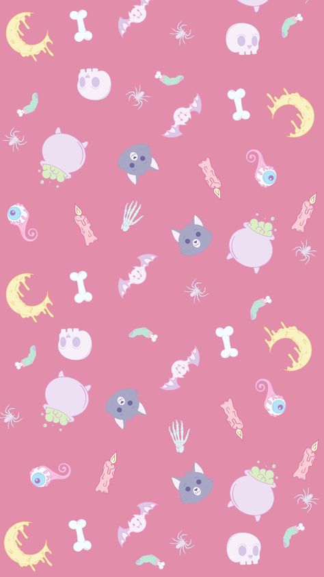 Spooky Halloween Pattern Wallpaper in colour pastel pink with different spooky but cute elements. The elements are: a cat, a skull, a dripping moon, skeleton hand, small spider, skull, potion jar and a bat. Pastel Halloween Wallpaper, Pink Halloween Wallpaper, Spooky Halloween Wallpaper, Spooky Pattern, Pastel Pink Background, Halloween Wallpaper Backgrounds, Halloween Wallpapers, Pastel Halloween, Fun Wallpaper