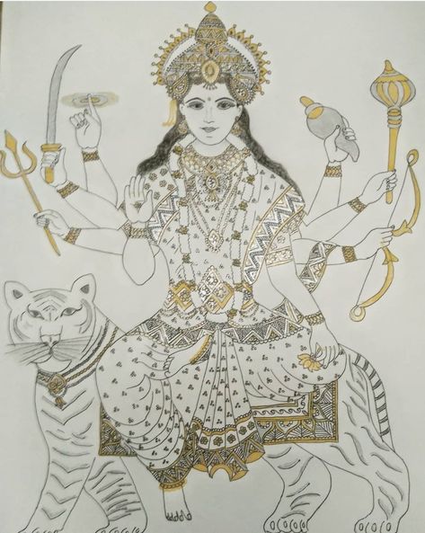 Sketch of Amba Mata using Micropen Amba Mataji Drawing, Mataji Drawing, Jai Mata Di, Easy Drawings Sketches, Drawing Sketches, Easy Drawings, Doodles, Princess Zelda, Sketch