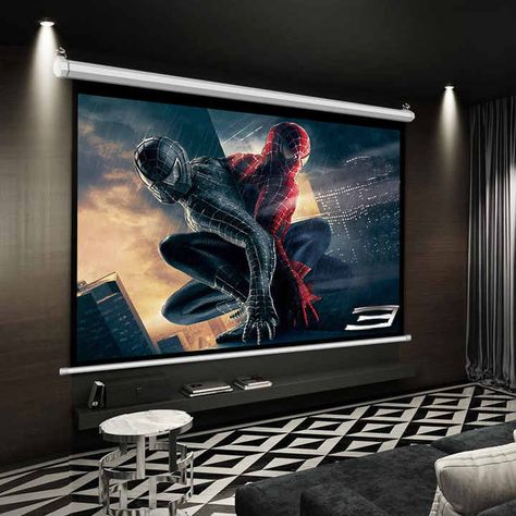 Projector Screen Wall Design, Floor Rising Projector Screen, Man Cave Projector Screen, Projector Screen Ideas, 120 Inch Projector Screen, 150 Inch Projector Screen, Projector Wall, Stage Curtains, Movie Projector