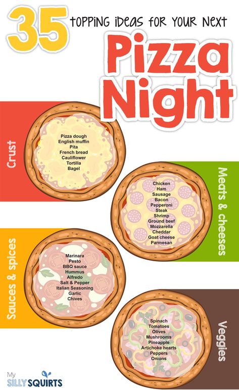 Pizza-topping-ideas_Pinterest-628x1024 Pizza Pairings, Healthy Recipes For Kids, Cauliflower Tortillas, Pizza Buffet, Family Pizza Night, Spicy Pizza, Cauliflower Bread, Kids Pizza, Pizza Topping