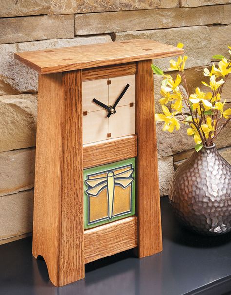 Craftsman-Style Clock | Woodsmith Plans - This mantel clock is small in size, but it’s sure to be big in appeal. Craftsman Clocks, Woodworking Plans Patterns, Craftsman Furniture, Woodworking Projects Furniture, Woodworking Plans Beginner, Woodworking Projects For Kids, Woodworking Furniture Plans, Wood Clock, Woodworking Plans Diy