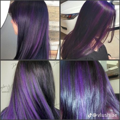 Purple Hair With Black Underneath, Purple Highlights Straight Hair, Purple Strands In Hair, Black And Purple Highlights, Brown Hair With Purple Streaks, Purple And Blue Streaks, Purple Streaks In Brown Hair, Purple Skunk Hair, Black Hair Purple Highlights