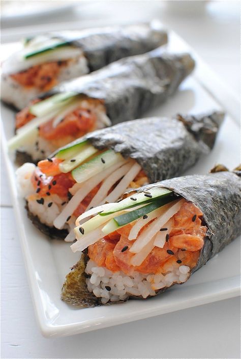 Spicy Tuna Hand Rolls / Bev Cooks - love sushi but not really into the raw fish so will do a tad of modifying. Great commentary with the recipe. I promise you will be amused. Tuna Hand Roll, Best Seafood Recipes, Spicy Tuna, Sushi Recipes, Roll Recipe, Japanese Cooking, White Plate, Sushi Rolls, Hand Roll