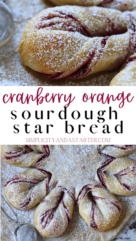 Cranberry Orange Sourdough Star Bread is a festive treat featuring a tangy sourdough star filled with a delightful homemade orange cranberry sauce, creating a perfect balance of sweetness and tartness. The decorative star shape, adorned with a dusting of confectioner's sugar, adds a visually stunning touch to this holiday-inspired baked delight. Sourdough Christmas Star Bread, Christmas Shaped Sourdough, Sourdough Star Bread Recipe, Sourdough Chocolate Star Bread, Decorative Sourdough Bread, Sweet Sourdough Starter, Sourdough Star Bread, Sourdough Christmas Gift, Sourdough Recipes Desserts