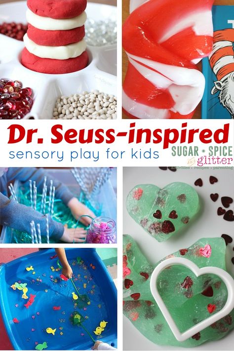 Dr. Seuss-inspired Sensory Play for Kids - sensory activities inspired by classic stories like the Cat in the Hat, The Grinch, The Lorax, and more! Dr Seuss Preschool Activities, Dr Seuss Preschool, Kids Sensory Activities, Study At Home, Fun For Toddlers, Sensory Play Ideas, Dr Seuss Activities, Dr Seuss Crafts, Dr Seuss Books