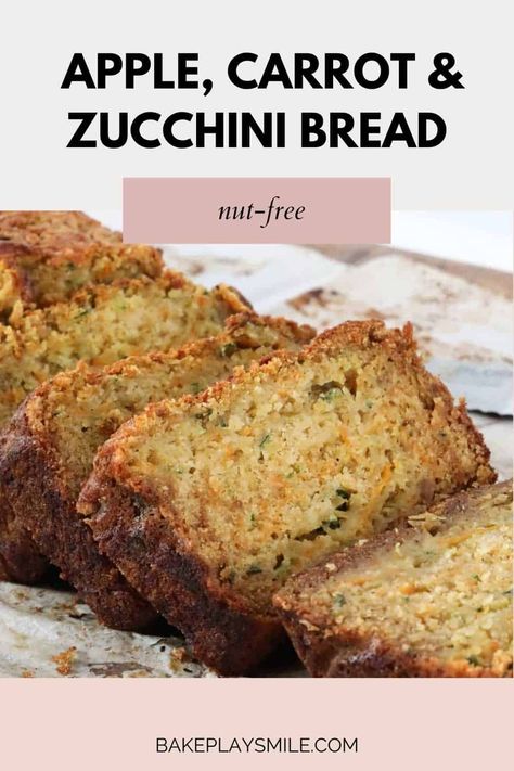 A simple and healthy Apple, Carrot & Zucchini Bread that is so beautifully moist and delicious. It makes a perfect (nut free) lunch box option, an afternoon tea treat, or even a 'breakfast on the go'! #fruitloaf #healthyloaf #hiddenveggies #lunchbox #carrotcakebread #healthyzucchinibread #baking #zucchini #nutfreeloaf Zucchini Carrot Bread Healthy, Carrot Apple Zucchini Bread Recipe, Zucchini Carrot Loaf, Zuchinis Bread Recipe With Applesauce, Zucchini Carrot Apple Muffins, Carrot Zucchini Bread, Apple Zucchini Bread, Apple Banana Bread, Apple Zucchini