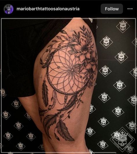 Discovering Dream Catcher Tattoo Meanings, Designs, and Inspiration Dream Catcher Thigh Tattoo Women, Dream Catcher Thigh Tattoo, Upper Shoulder Tattoos For Women, Dream Catcher Tattoo On Thigh, Dreamcatcher Tattoo Back, Dreamcatcher Tattoo Thigh, Dream Catcher Tattoos, Upper Shoulder Tattoo, Thigh Tats