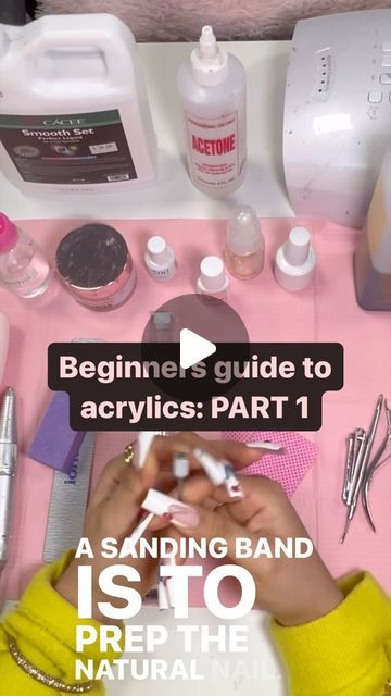 Zaira | NYS Licensed Nail Technician on Instagram: "Beginner’s guide to acrylic nails (part 1): Supplies	 Save this for future reference! Nail clipper Cuticle pusher Cuticle nippers Barbicide Sanding band and mandrel bit Nail glue  Nail tips  Lint free wipes Alcohol  EMA monomer Acrylic powder (pink or nude) Kolinsky brush (side 12) Nail drill  5 in 1 drill bit Nail file (80/100 grit for acrylic only, 180/240 for natural nails)  100% acetone Buffer Top coat LED lamp  Lastly, cuticle oil!  Follow for more🌟  Go to the top of my page to get my free resource: how to be fully booked  #beginnernailtech #nailartist #nailtechproblems #nailtech #nailsupplies #nailmusthaves" Acrylic Nail Tools Products, Starter Acrylic Nails, What Do You Need For Acrylic Nails, Mobile Nail Technician Set Up, Nails For Beginners Acrylic, Nail Bits Guide, Acrylic Nails How To, Nail Drill Bits Uses, Beginner Nail Tech Supplies