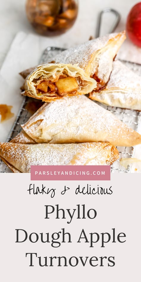 These phyllo dough apple turnovers are easy to make and use store bought phyllo dough. They're filled with a delicious apple pie filling! They're easy yet festive and perfect for company or as an impressive holiday dessert! Phyllo Pastry Recipes Dessert, Phyllo Dough Recipes Dessert, Spiced Apple Pie, Philo Dough, Berry Pies, Apple Turnover Recipe, Apple Turnover, Phyllo Dough Recipes, Phyllo Recipes