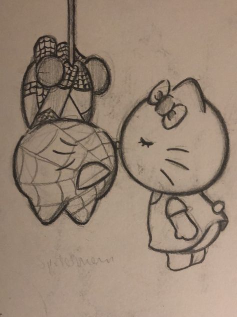 Spiderman Inspo Drawing, Hello Kitty X Spiderman Drawing, Cute Drawings Spiderman, Spiderman Birthday Drawing, Sketchbook Ideas Hello Kitty, Cute Spider Man Drawing, Hello Kitty Spiderman Drawing, Rysunki Hello Kitty, Spiderman Drawing Cute