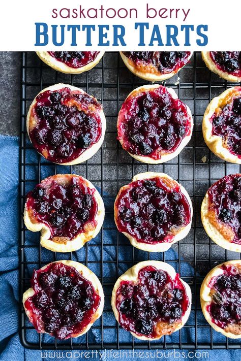 A tray of Saskatoon Berry Butter Tarts Saskatoon Pie Filling, Saskatoon Pie, Saskatoon Recipes, Saskatoon Berry Recipe, Butter Tarts Recipe, Saskatoon Berry Pie, Berry Butter, Berry Pie Filling, Berry Pie Recipe