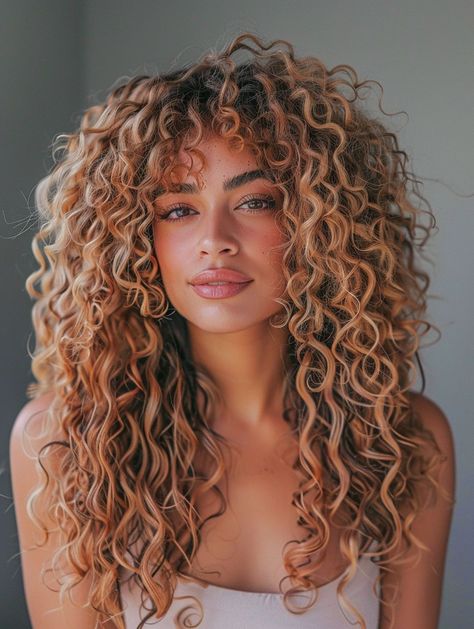 Red Curly Hair With Blonde Highlights, Dark Blonde Curly Hair With Highlights, Curls Color Highlights, Summer 2024 Blonde Hair, Curly Hairstyles Color Ideas, Hair Ideas For Summer 2024, Blonde Hair Summer 2024, Summer 2024 Red Hair, Summer Hair 2024 Bronde