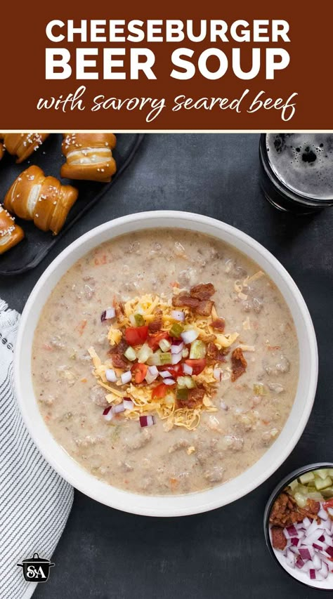 A bowl of Cheeseburger Beer Soup. Bbq Soup Recipes, Brisket Soup Recipes, Ultimate Cheeseburger, Pickles Onions, Beer Soup, Hamburger Seasoning, Homemade Cheeseburgers, Health Soup, Beer Cheese Soups