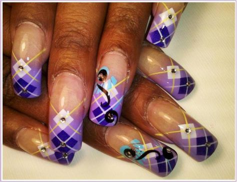 #nails #nail_art #manicure #acrylics #purple #rhinestones #yellow Argyle Nails, Airbrush Nail Art, Checkered Nails, Purple Acrylic Nails, Airbrush Nails, Finger Nail Art, Studded Nails, Nail Art Galleries, Easy Nail Art