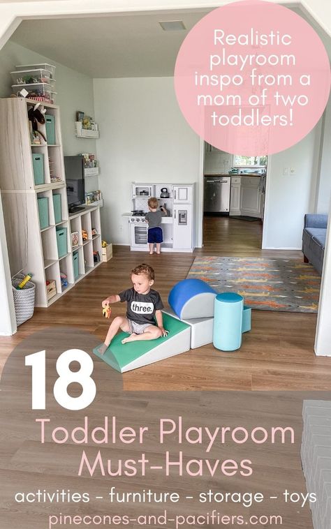 Playroom Ideas For Infants, Playroom Ideas 1 Year, One Year Old Playroom Ideas, Two Year Old Playroom, Downstairs Playroom Ideas, Monissory Playroom, Playroom Checklist, Shared Playroom And Family Room, Baby Play Room Ideas Boy