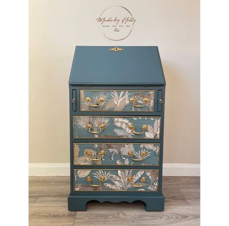 Writing Bureau, Gold Writing, Jungle Animal, Desk Table, Teal And Gold, Blue Teal, Jungle Animals, Upcycled Furniture, Writing Desk