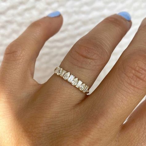 Unique Half Eternity Moissanite Wedding Band / Pear & Baguette shaped Moissanite Engagement Band / Women vintage Promise gift for her / moissanite band / Baguette cut ring / Pear cut Band / Baguette cut band / Moissanite Ring / Vintage band / Unique band / Half Eternity Band / Promise gift / Wedding band / Stackable band / Bridal band / Ring for her ❃ 𝐃𝐢𝐚𝐦𝐨𝐧𝐝 𝐃𝐞𝐭𝐚𝐢𝐥𝐬 ★ Stone Type : Moissanite / Cubic Zirconia ★Stone Clarity : Excellent ★ Diamond Color : Colorless ★ Diamond Creation Baguette And Round Diamond Ring, Baguette Engagement Ring With Band, Mosaic Wedding Band, Pear Wedding Band, Wedding Ring Baguette, Wedding Band Pear, Wedding Band Baguette, Baguette Ring Band, Baguette Eternity Band