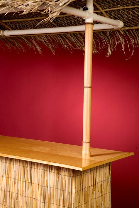 Tiki Bar Features - PVC Bamboo Uprights Palm Roof, Portable Bar Ideas, Tiki Bars Diy, Indoor Outdoor Bar, Furniture Grade Pvc, Pvc Furniture, Bamboo Roof, Tiki Bars, Wood Hinges