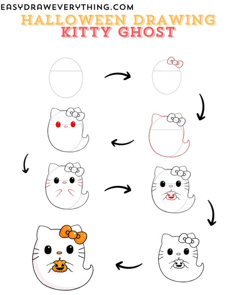 Cute kitty ghost Easy Cute Halloween Drawings, Step By Step Halloween Drawing, Easy Halloween Drawings Step By Step, How To Draw Ghost, How To Draw A Ghost, Halloween Easy Drawings, Simple Ghost Drawing, Halloween Doodles Simple, Simple Halloween Drawings