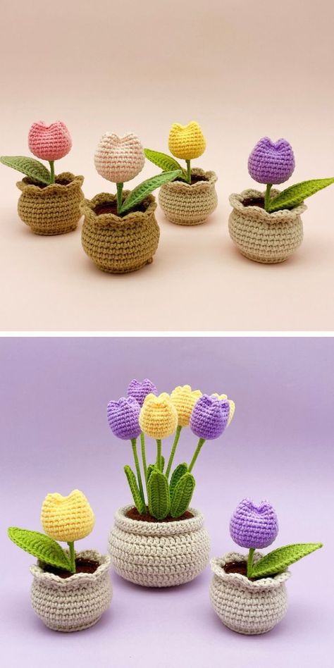 crocheted tulips in pots Tulip Amigurumi Free Pattern, Crochet Tulip Flower Free Pattern, Crochet Teacher Gifts Free Pattern, Mini Amigurumi Free Pattern, Crochet Flower Pot, Crochet Making, Corak Krusye, Crochet Tulip, Crochet Flowers Free Pattern