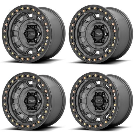 Set 4 17" KMC KM236 Tank Beadlock 17x9 Anthracite 5x5 Wheels -38mm Rims For Jeep Candy Red, Black Ring, Jeep Gladiator, Crew Cab, Automotive Parts, Truck Parts, Jeep, Car Detailing, Wheel