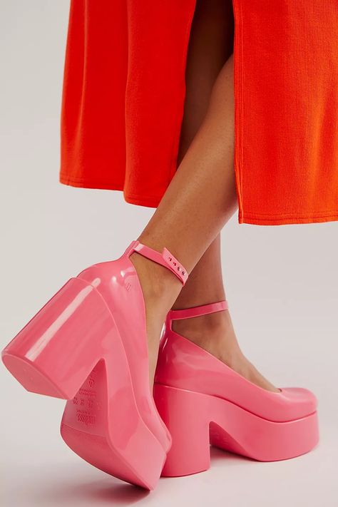 Melissa Doll Heels | Free People UK Fun Platform Heels, Pink Heels Chunky, Funky Wedding Shoes, Hot Pink Platform Heels, Chunky Heels Outfit, Doll Heels, Fly Bird, Funky Heels, Chunky Platform Heels