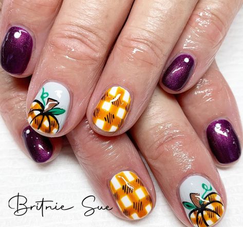 Nails 2023 Trends Purple, Purple And Yellow Nails, Fall Pumpkin Nails, Fall Autumn Nails, Fall Nails 2023, Pumpkin Nail Art, Nails Autumn, Purple Pumpkin, Fingernail Designs