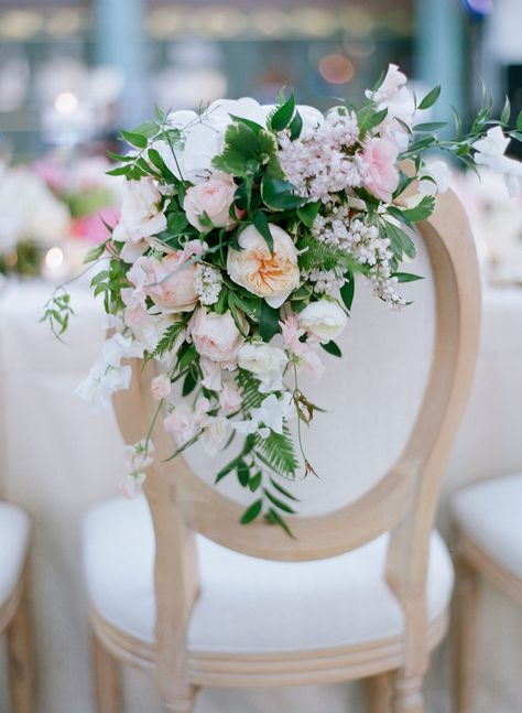 Overgrown Florals Dalia Flower, Chair Flowers, Wedding Reception Chairs, Coral Wedding Flowers, Ceremony Aisle, Charming Wedding, Wedding Chair Decorations, Emerald Green Weddings, Chair Decor