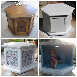 From dated table to chic dog bed/side table so cute Dog Bed Side Table, Dog Beds Made From Furniture, Chic Dog Bed, End Table Dog Bed, Bed Side Table, Diy Dog Bed, Dog Bed Furniture, Cool Dog Beds, Cat Beds