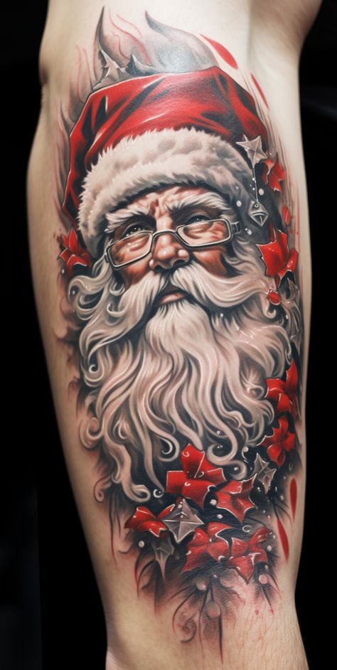 Christmas Sleeve Tattoo, Christmas Tattoo Designs, Christmas Tattoo Flash, Santa Claus Tattoo, Holiday Tattoos, Christmas Tattoos, Motorcycle Tattoo, Motorcycle Tattoos, Christmas Tattoo