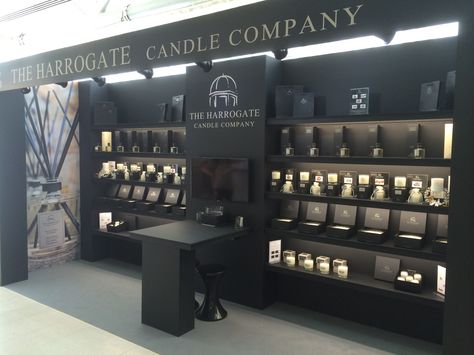 The ladies at The Harrogate Candle Company did the Harrogate home and gift Trade show, this was there amazing looking stand! Candle Trade Show Display, Candle Exhibition Display, Retail Candle Display Ideas, Candle Shelf Display, Candle Shop Interior, Candle Display Retail, Candle Store Display, Candle Booth, Koleksi Parfum