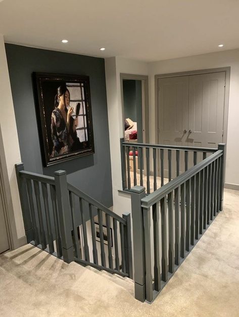 Farrow & Ball worsted and Fabien Perez print Interior Stair Railing, Staircase Interior Design, Painted Staircases, Hallway Colours, Stairs Design Interior, Victorian Terrace House, Tiled Hallway, House Staircase, Staircase Remodel