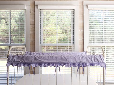 This listing is for my Farmhouse Ruffled 100% Washed Cotton Bumperless Crib Bedding in Lavender:  This listing includes:  - (2) long side ruffled crib rail covers in lavender  This bedding is beautiful and classic, made all by hand with a soft washed 100% cotton fabric. The 2 long Lavender Crib Bedding, Purple Baby Nursery, Baby Blue Curtains, Lavender Nursery Decor, Purple Crib, Purple Crib Bedding, Bedding For Girls, White Crib Bedding, Crib Rail Guard