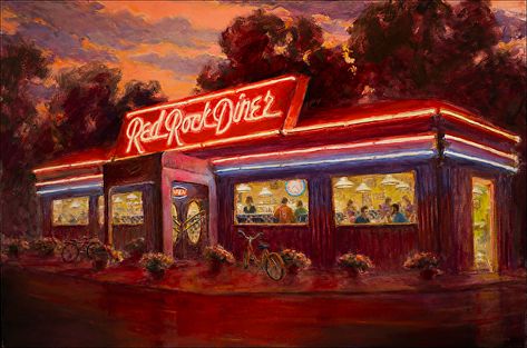 Teresa Vito - Red Rock Diner- Oil - Painting entry - June 2014 | BoldBrush Painting Competition Vintage Diner, Painting Competition, Art Magazine, Southwest Art, Artwork Images, Cinematic Photography, Online Painting, Artist Websites, Red Rock