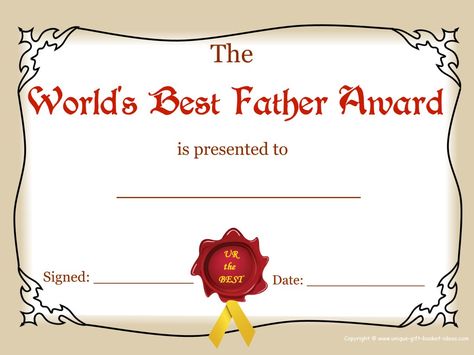 worlds greatest mom and dad awards | free printable best father award Best Dad Certificate, Best Mom Certificate, Funny Certificates, Free Printable Gift Certificates, Free Printable Certificate Templates, Baby Dedication Certificate, Certificate Award, Funny Awards, Free Printable Certificates