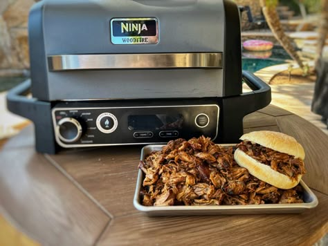 Ninja Woodfire Grill Smoked Pulled Pork Recipe Ninja Wood Fired Grill Recipes, Ninja Outdoor Grill Recipes, Ninja Smoker Recipes, Ninja Wood Fire Outdoor Grill Recipes, Ninja Smoker Grill Recipes, Ninja Woodfire Outdoor Grill Recipes, Grilled Pork Roast, Ninja Woodfire Grill Recipes, Grilled Pulled Pork