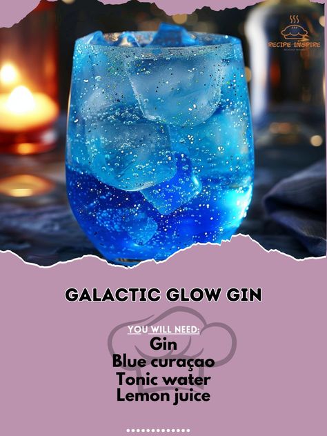 🌌 Explore the cosmos with Galactic Glow Gin! 🌠🍸 #GalacticGlow #CosmicCocktail Galactic Glow Gin Ingredients: Gin (2 oz) Blue curaçao (0.5 oz) Tonic water (top up) Lemon juice (0.5 oz) Edible glitter (a pinch) Ice Instructions: Combine gin, blue curaçao, and lemon juice in a glass. Add ice and top with tonic water. Sprinkle edible glitter for a cosmic effect. 🌟 Sparkle with every sip and explore the galaxy of flavors! #GinLovers #CosmicDrinks #CocktailHour Space Themed Drinks, Alien Drinks, Blue Signature Drinks, Extravagant Cocktails, Fantasy Drinks, Gin Ingredients, Sparkling Cocktails, Sparkling Cocktail, Cocktail Ideas