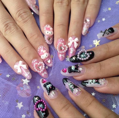 Nail Charm Ideas, Kuromi Nails, Nails Sanrio, Sanrio Nails, Paznokcie Hello Kitty, Nail Charm, Basic Nails, Hello Kitty Nails, Pretty Gel Nails