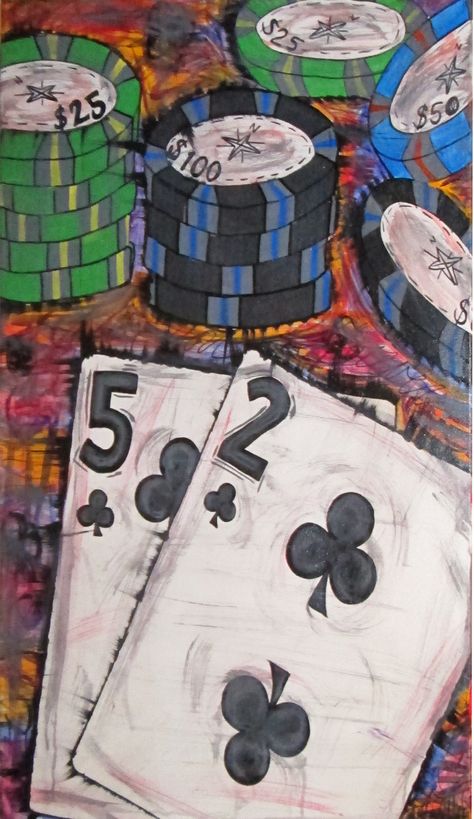 "Deuce Five" Poker Painting Gambling Art Painting, Poker Table Painting, Vegas Painting Ideas, Board Game Painting, Poker Card Painting, Poker Painting Ideas, Gambling Painting, Poker Artwork, Casino Painting