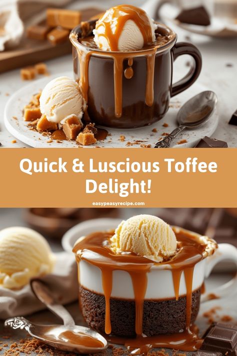 Image of a decadent sticky toffee pudding mug cake topped with ice cream and drizzled with toffee sauce. Sticky Toffee Mug Cake, Easy Sticky Toffee Pudding, Gooey Cake, Mug Cake Recipe, Quick Treats, Toffee Pudding, Sticky Toffee Pudding, Warm Cake, Sticky Toffee