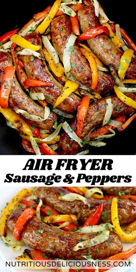 Quick and delicious, this recipe for Air Fryer Italian Sausage and Peppers is made with sweet Italian sausage and a colorful mix of peppers and onions. It's an Italian classic dish made easy, right in the air fryer. Sausage And Pepper Grinders, Italian Sausages With Peppers And Onions, Air Fryer Sausage And Peppers, Italian Sausage And Peppers In Oven, Italian Sausage Links Recipes For Dinner, Italian Sausage Link Recipes, Peppers And Sausage Recipes, Air Fryer Italian Sausage, Sausage With Peppers And Onions