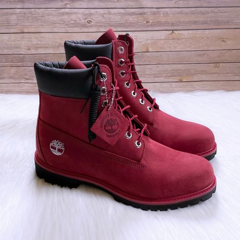 New In Box- Timberland Men’s Premium 6 Inch Waterproof Dark Red Nubuck Leather Boots With Padded Collars, Seam-Sealed Construction, Rustproof Hardware, 400g Insulation And Rubber Lug Outsoles. Red Timberland Boots Outfit, Hh Faisal, Work Boots Outfit, Dark Red Boots, Red Timberland Boots, Custom Timberland Boots, Timberland Boots Style, Red Timberlands, Timberland Boots Outfit Mens