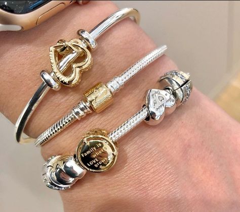 Pandora Bracelets Stacked, Pandora Bracelet Stacking Ideas, Pandora Bracelet Stack, Pandora Open Bangle, Pandora Bracelet Charms Ideas, Bangle Stack, Pandora Bracelet Designs, Pandora Inspiration, Pandora Bangle