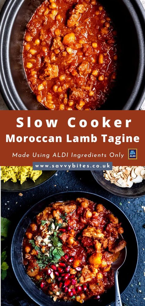 This Moroccan lamb tagine is the perfect weeknight dinner. It is filled with tender slow-cooked lamb, nutty buttery chickpeas and lots of Moroccan spices in a rich tomato sauce, using only simple ingredients from ALDI. Lamb Tagine Recipe Slow Cooker, Moroccan Lamb Recipes, Slow Cooked Moroccan Lamb, Lamb Tagine Recipe, Moroccan Lamb Tagine, Camp Meals, Lamb Tagine, Moroccan Tagine, Instant Pot Slow Cooker