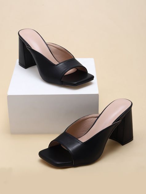 Black Elegant Collar Plain Mules Embellished Women Shoes Cheap Trendy Black Mules, Cheap Trendy Mules With Padded Heel, Evening Shoes Chunky, Dressy Sandals Chunky, Cheap Casual Block Heel Mules, Trendy Cheap Mules For Formal Occasions, Affordable Chic Low Heel Mules, Cheap Formal Mules For Women, Cheap High Heel Mules