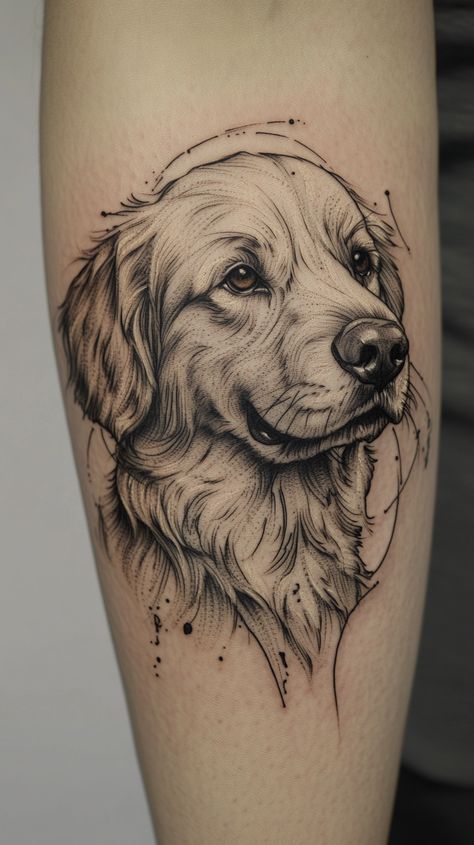 Golden Retriever Sketch Pencil, Tattoo Pesca, Golden Retriever Sketch, Golden Retriever Tattoo, Pet Portrait Tattoos, Collar Tattoo, Tatoo Dog, Golden Retriever Silhouette, Retriever Tattoo