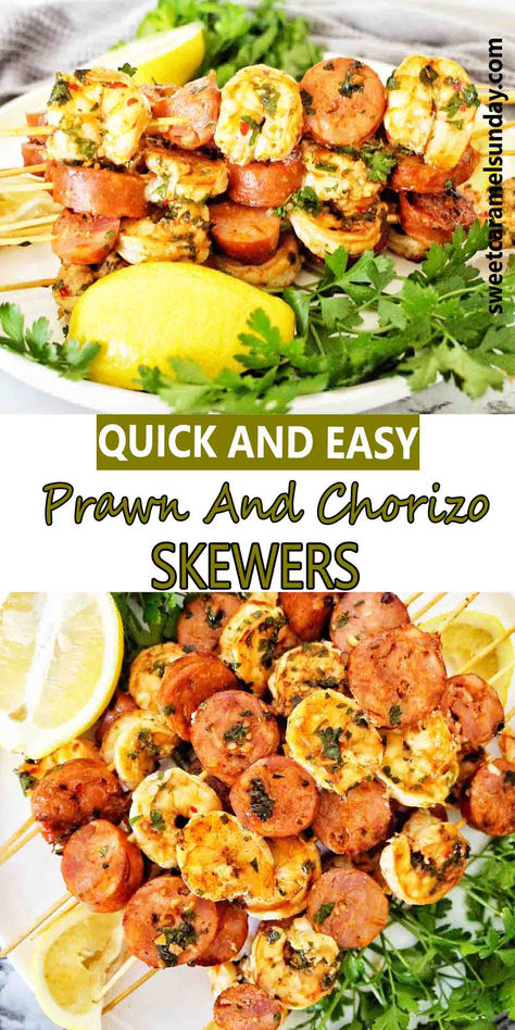 Skewers with prawn and chorizo on white plate with parsley and lemon wedges. Prawn And Chorizo Skewers, Chorizo Skewers, Prawn And Chorizo, Shrimp And Chorizo, Bbq Prawns, Prawn Skewers, Weekend Lunch, Juicy Shrimp, Shrimp Skewers