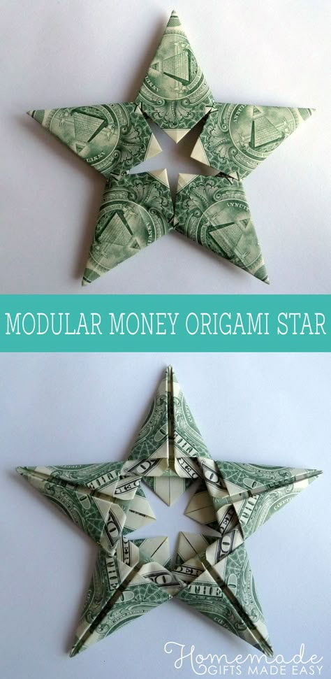 Modular Money Origami Star from 5 Bills - How to Fold Step by Step Ornament Homemade, Money Star, Lei Tutorial, Easy Money Origami, Money Folding, Gift Origami, Origami Money, Origami Christmas Tree, Folding Money